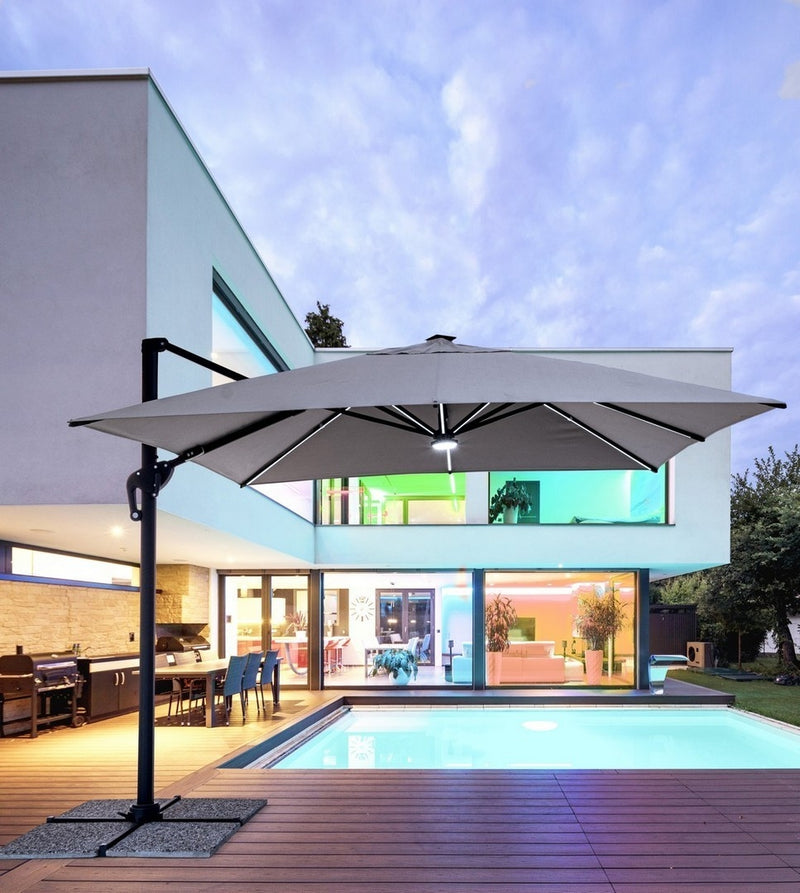 Umbrela de soare suspendata, cu LED solar inclus, Ines Gri Deschis, L300xl300xH265 cm (1)
