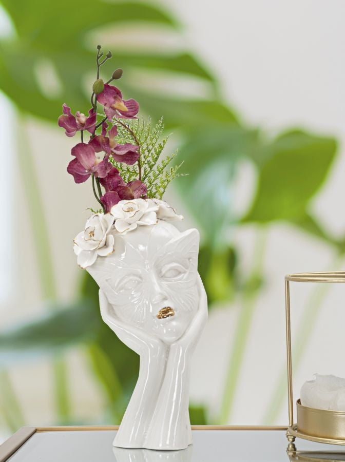 Vaza decorativa din portelan, Woman Mask Alb / Auriu, L16,5xl14xH27,3 cm