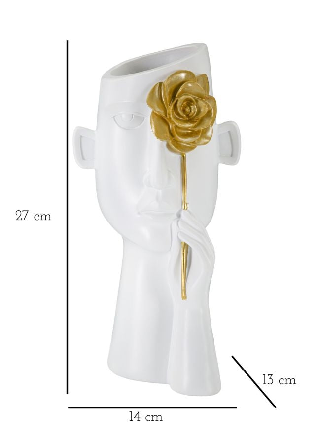 Vaza decorativa din rasina, Face With Flower  Alb / Auriu, L14xl13xH27 cm (5)