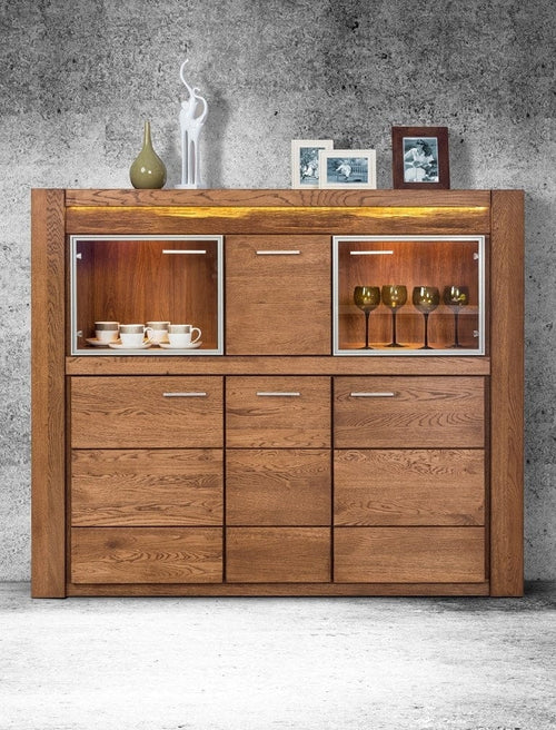 Vitrina din furnir si pal, cu 6 usi si LED inclus, Velvet 48 Large Stejar Rustic, l161xA42xH135 cm