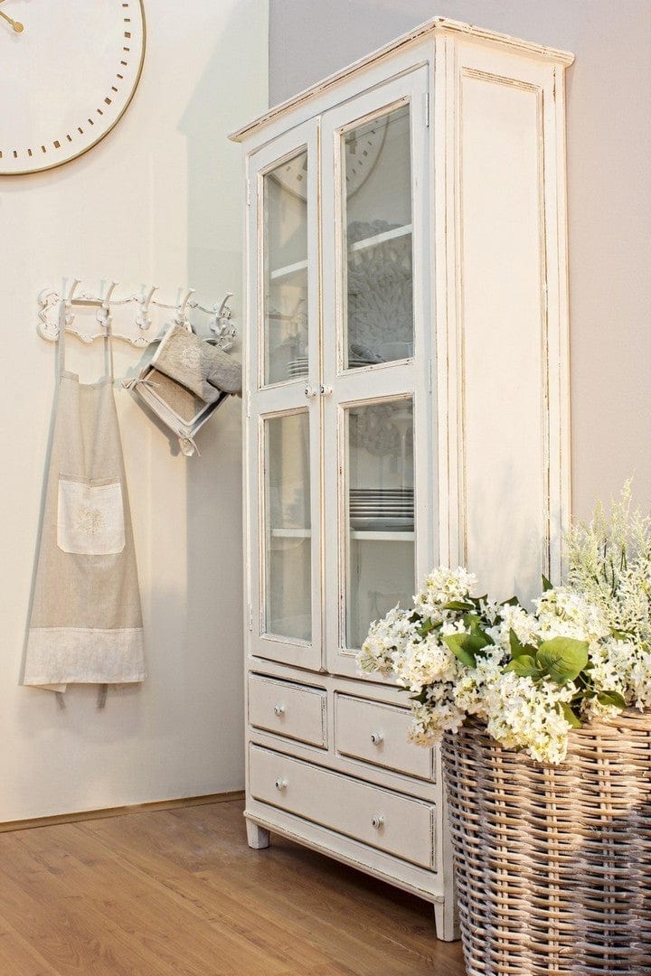 Vitrina din lemn de mango, cu 3 sertare si 2 usi Colette Large Alb Antichizat, l90xA38xH185 cm (1)