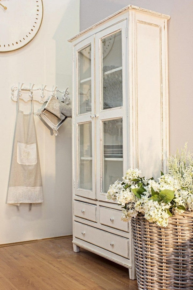 Vitrina din lemn de mango, cu 3 sertare si 2 usi Colette Large Alb Antichizat, l90xA38xH185 cm (1)
