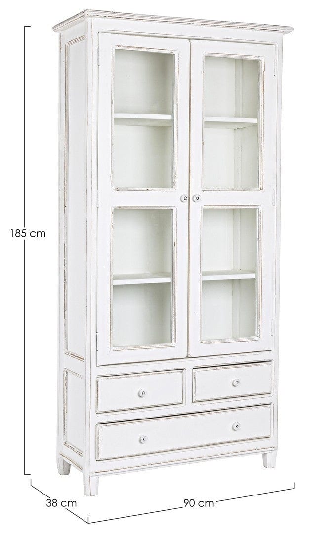 Bizzotto Vitrina din lemn de mango, cu 3 sertare si 2 usi Colette Large Alb Antichizat, l90xA38xH185 cm
