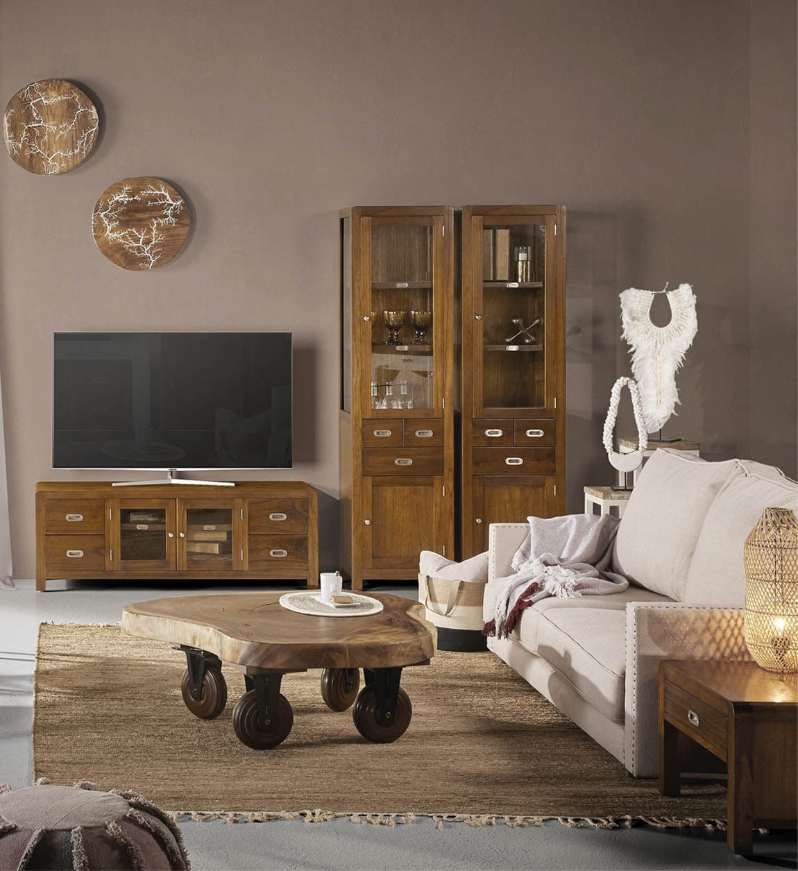 Vitrina din lemn si furnir, cu 3 sertare si 2 usi, Flash Small Nuc, l50xA40xH190 cm (1)