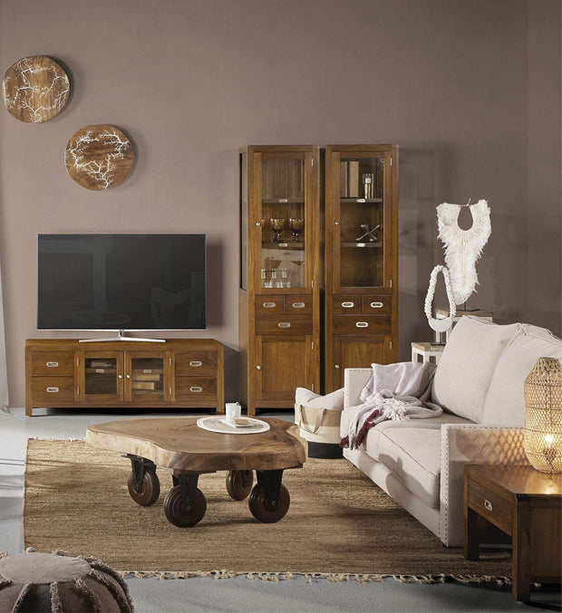 Vitrina din lemn si furnir, cu 3 sertare si 2 usi, Flash Small Nuc, l50xA40xH190 cm (1)