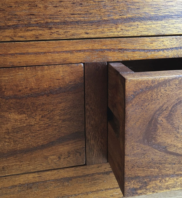 Moycor Vitrina din lemn si furnir, cu 3 sertare si 2 usi, Star III Small Nuc, l70xA35xH135 cm