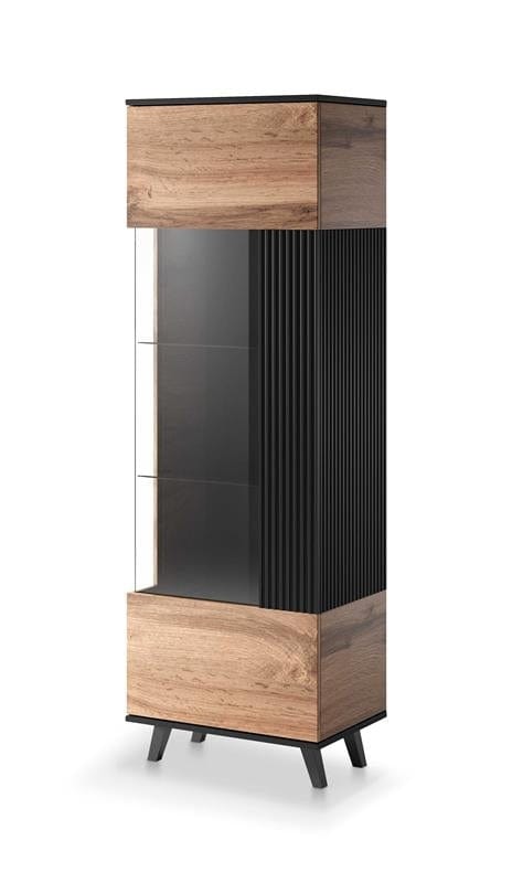 Vitrina din MDF, pal si sticla, cu 1 usa, Randolph W-1 Stejar Wotan / Negru, l60xA40xH182 cm (2)