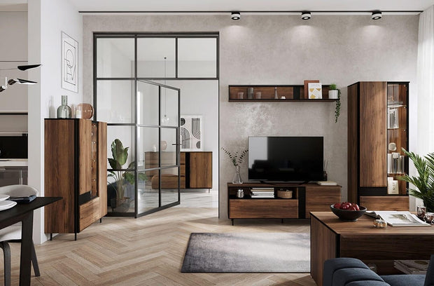 Vitrina din pal, cu 2 usi si 1 sertar, Borga 02 Small Stejar Catania / Negru, l70xA41xH197 cm (5)