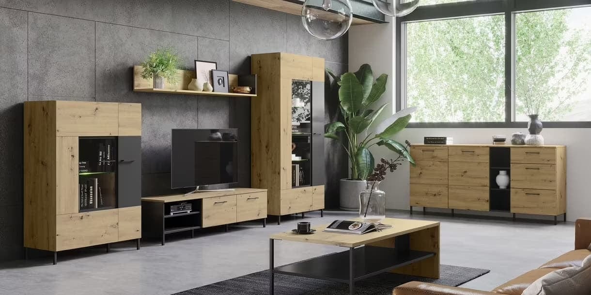 Vitrina din pal, cu 2 usi si LED inclus, Lucas 12 Big Stejar Artisan / Negru Mat, l90xA42xH193 cm (1)