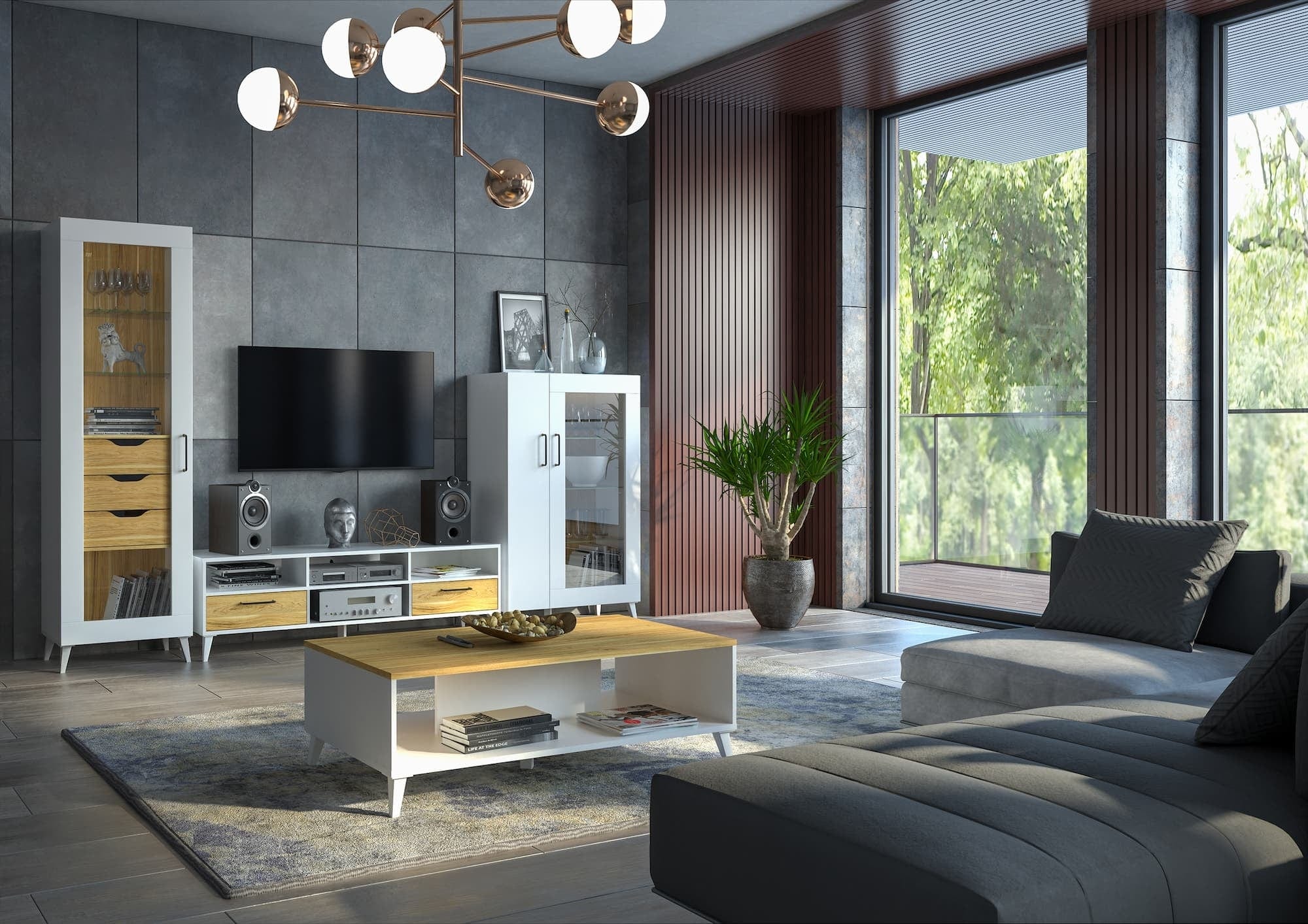 Vitrina din pal, cu 3 sertare si 1 usa, Barris 10 Nuc American / Alb Mat, l60xA42xH200 cm (1)