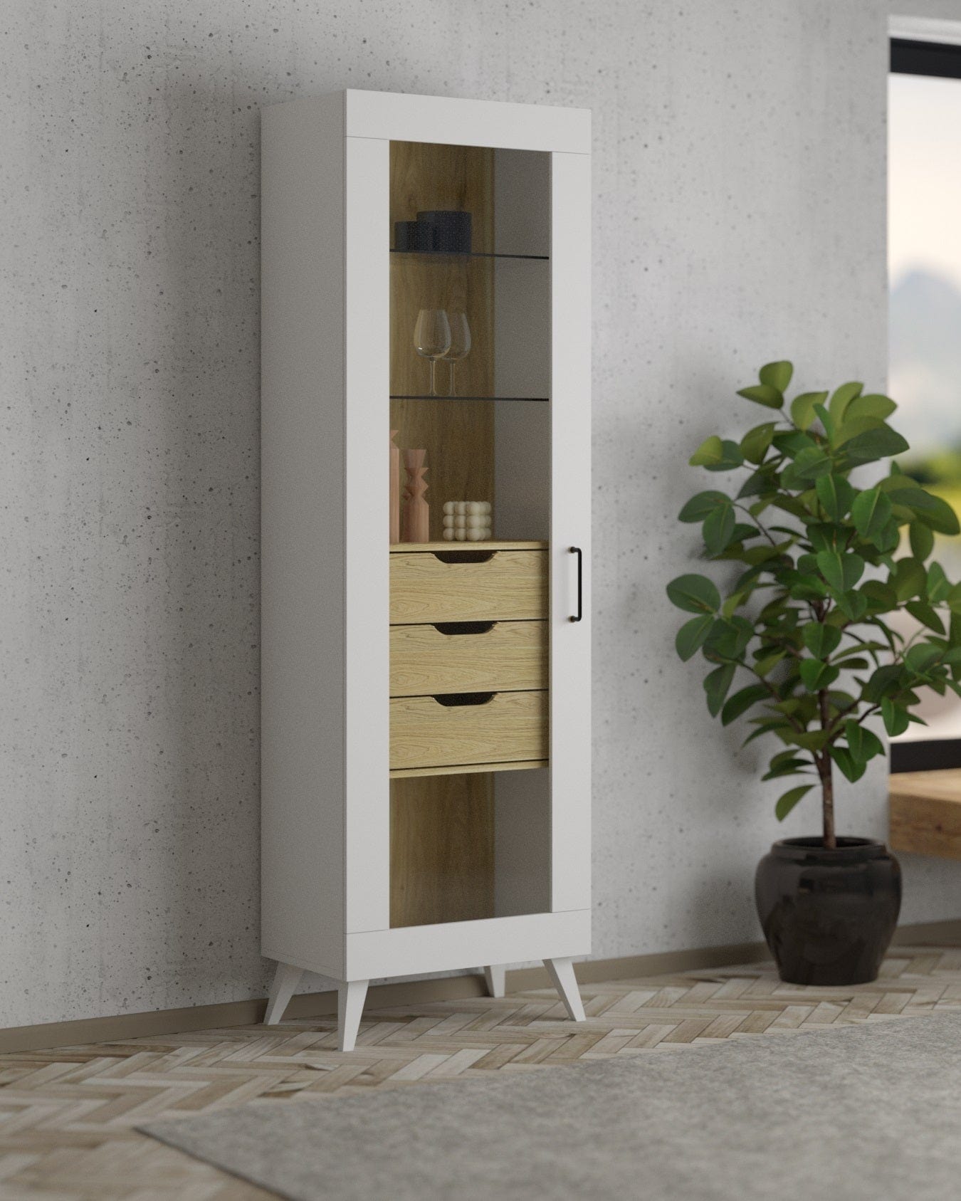 Vitrina din pal, cu 3 sertare si 1 usa, Barris 10 Nuc American / Alb Mat, l60xA42xH200 cm (7)