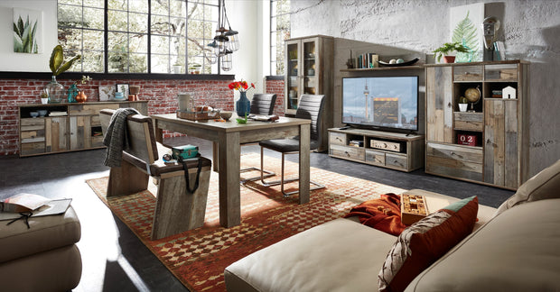 Innostyle Vitrina din pal cu 4 sertare, 2 usi si LED inclus Bazna Natur / Gri inchis, l83xA39xH188 cm