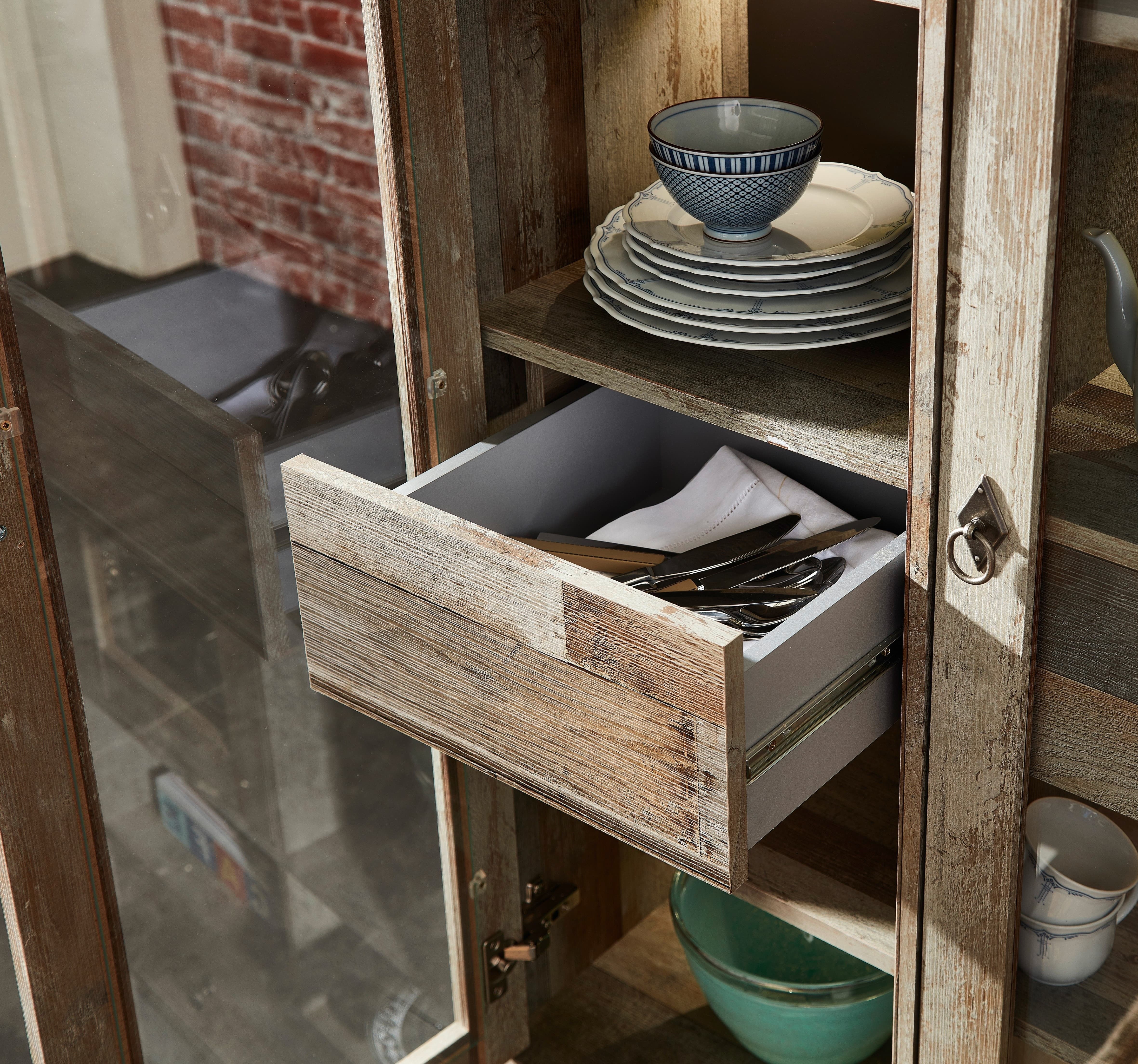 Innostyle Vitrina din pal cu 4 sertare, 2 usi si LED inclus Bazna Natur / Gri inchis, l83xA39xH188 cm