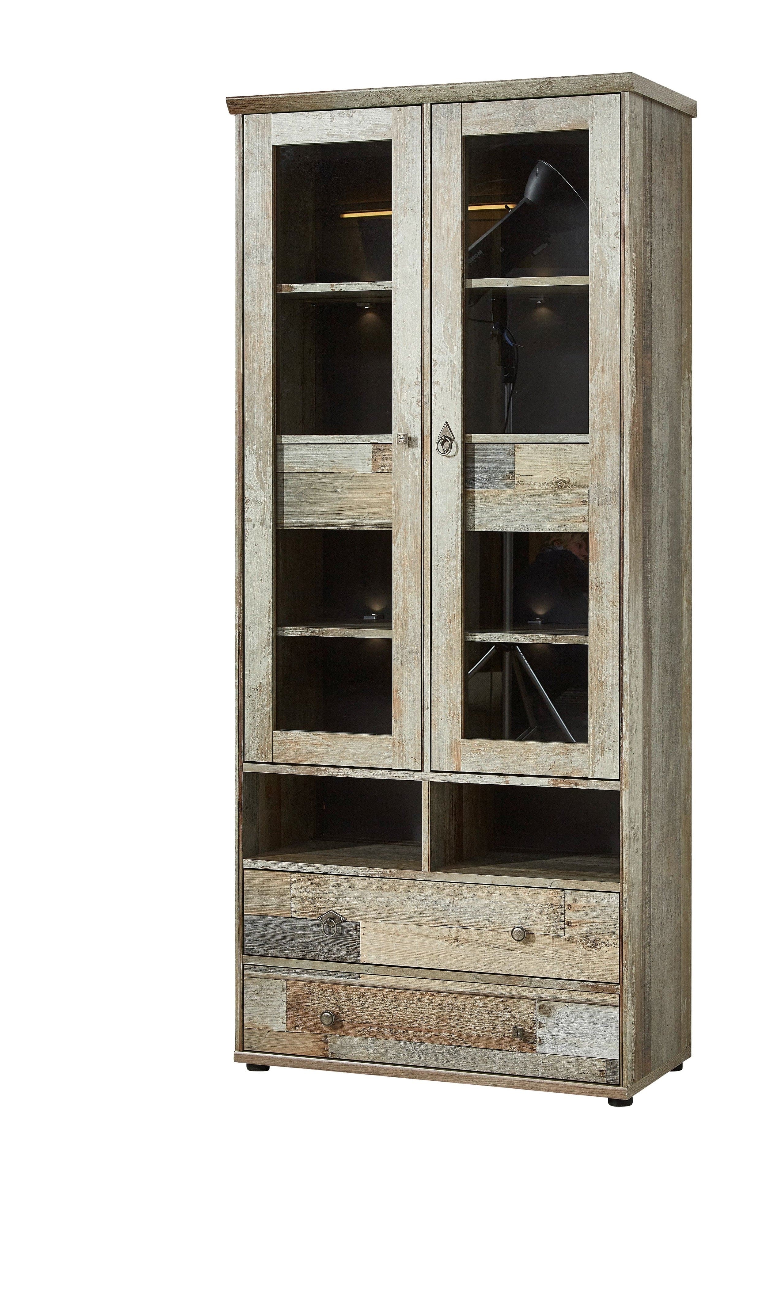 Innostyle Vitrina din pal cu 4 sertare, 2 usi si LED inclus Bazna Natur / Gri inchis, l83xA39xH188 cm