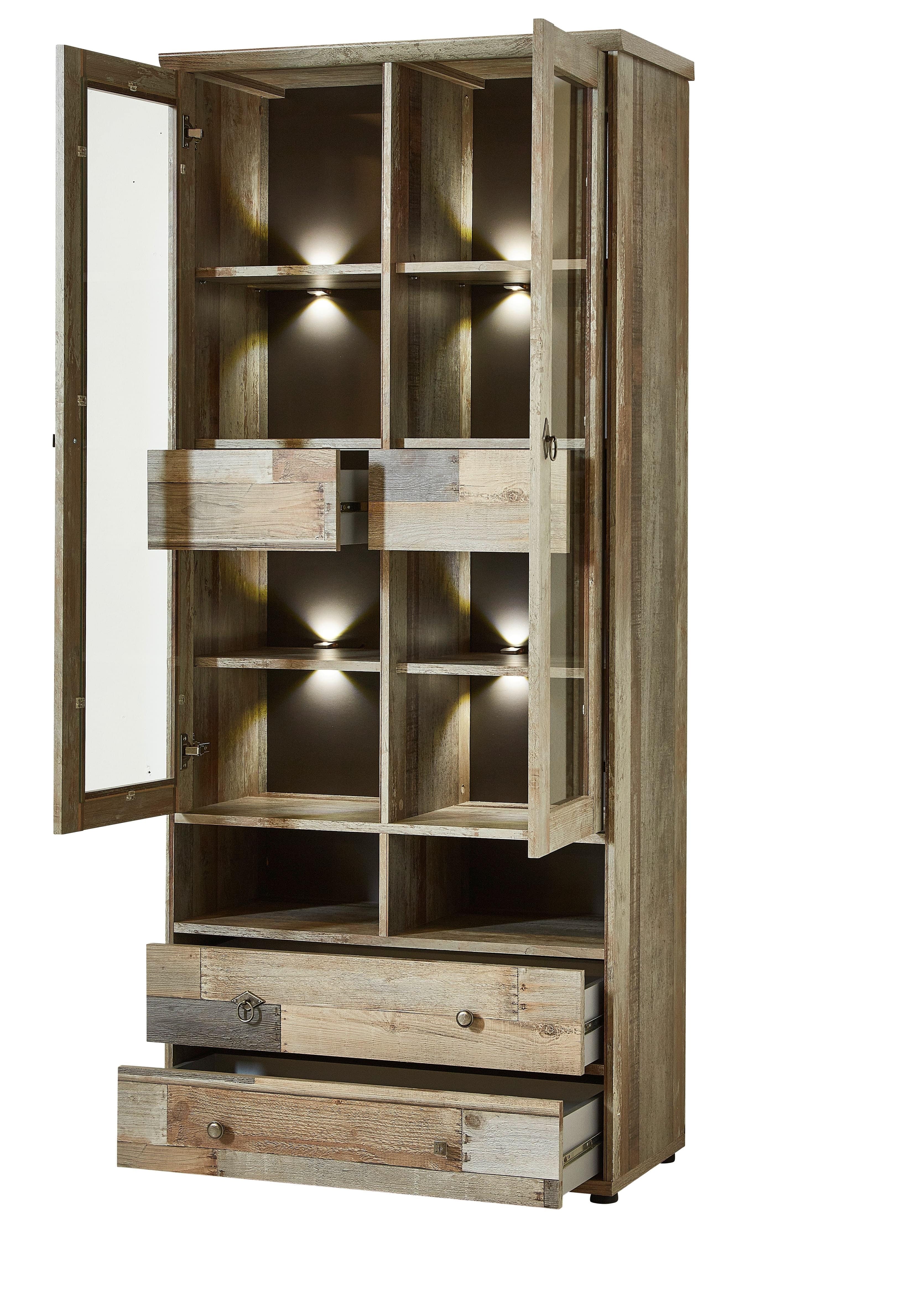 Innostyle Vitrina din pal cu 4 sertare, 2 usi si LED inclus Bazna Natur / Gri inchis, l83xA39xH188 cm