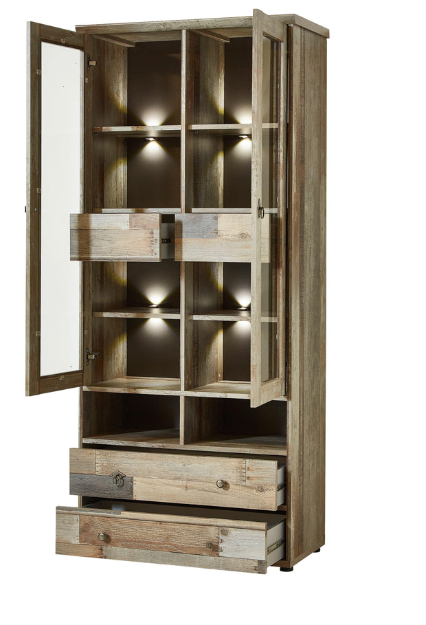 Innostyle Vitrina din pal cu 4 sertare, 2 usi si LED inclus Bazna Natur / Gri inchis, l83xA39xH188 cm
