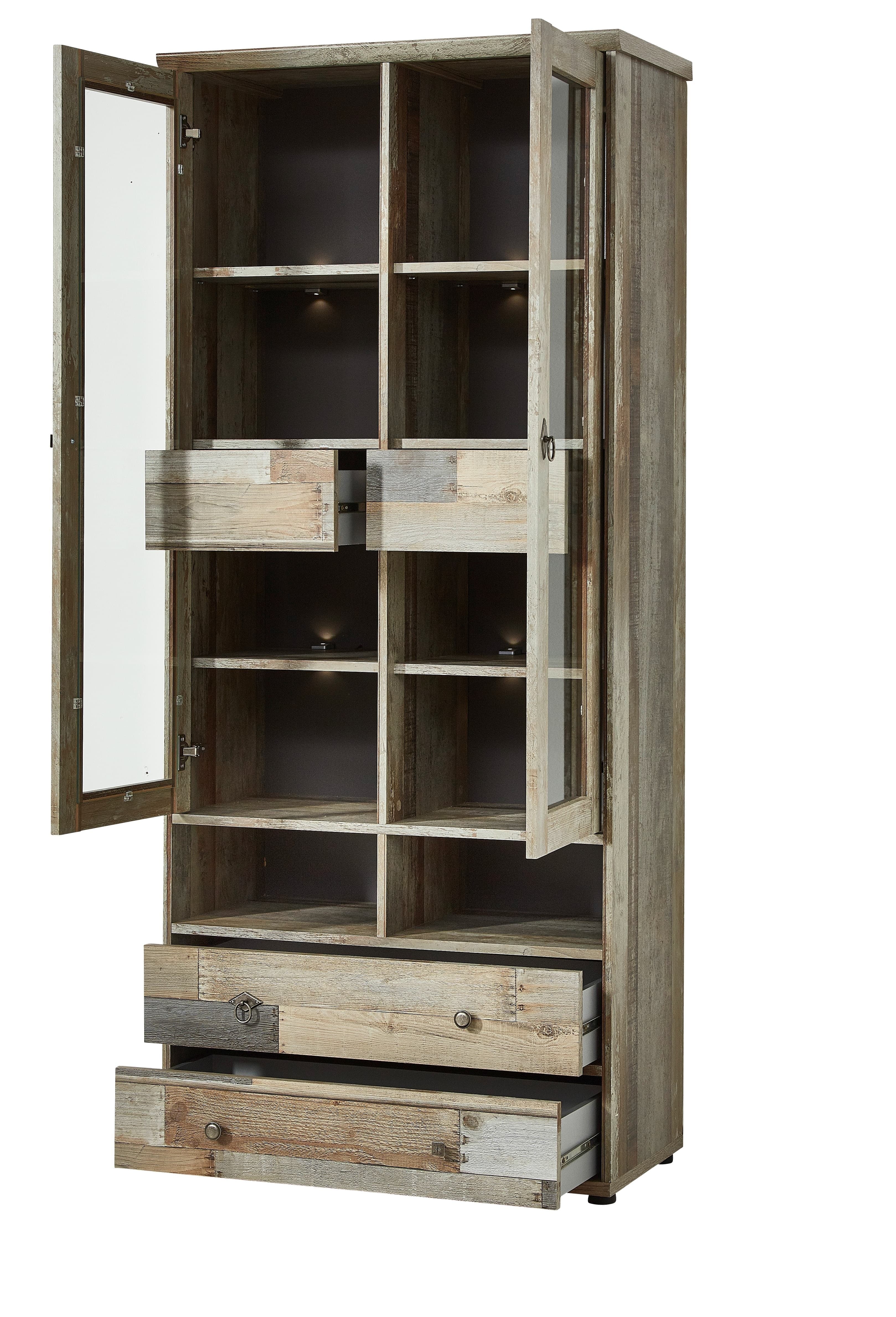 Innostyle Vitrina din pal cu 4 sertare, 2 usi si LED inclus Bazna Natur / Gri inchis, l83xA39xH188 cm