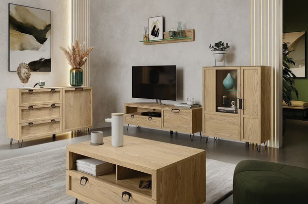 Vitrina din pal, furnir si lemn, cu 2 usi si LED inclus, Limbo 15 Small Stejar Artisan, l95xA42xH124 cm (2)