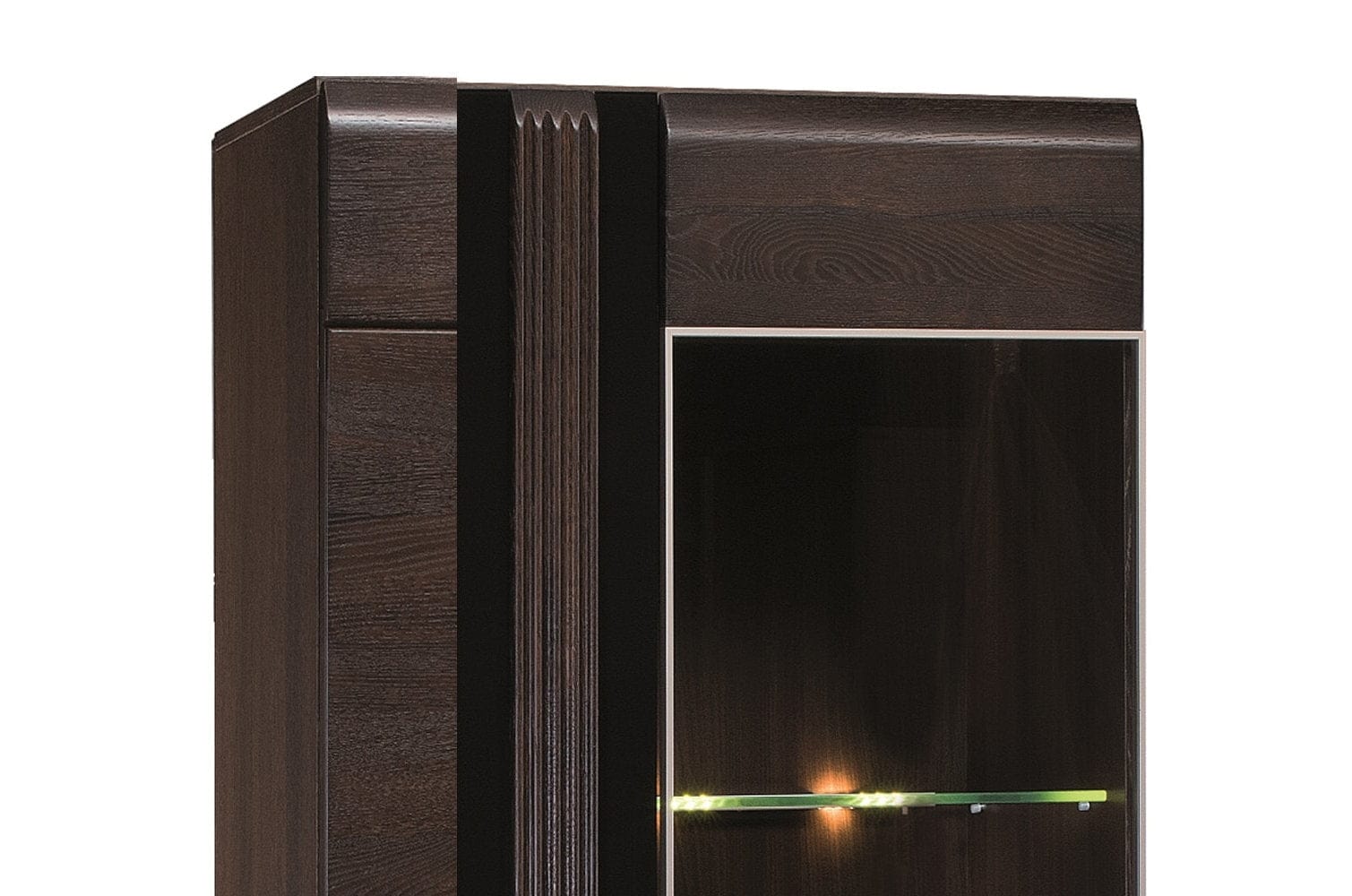 Vitrina din pal, furnir si lemn, cu 2 usi si LED inclus, Porti 11 Stejar Choco, l66xA42xH198 cm (1)