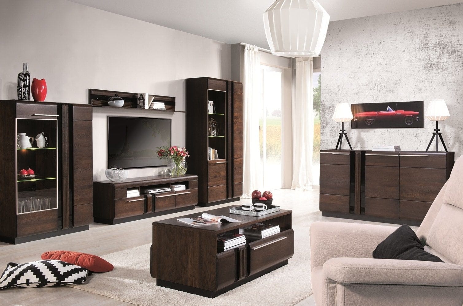 Vitrina din pal, furnir si lemn, cu 2 usi si LED inclus, Porti 12 Big Stejar Choco, l95xA42xH198 cm (1)