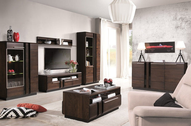 Vitrina din pal, furnir si lemn, cu 2 usi si LED inclus, Porti 12 Big Stejar Choco, l95xA42xH198 cm (1)