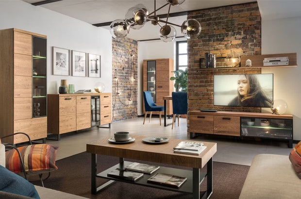 Vitrina din pal, furnir si lemn, cu 2 usi si LED inclus, Pratto 12 Big Stejar Rustic, l96xA42xH198 cm (2)