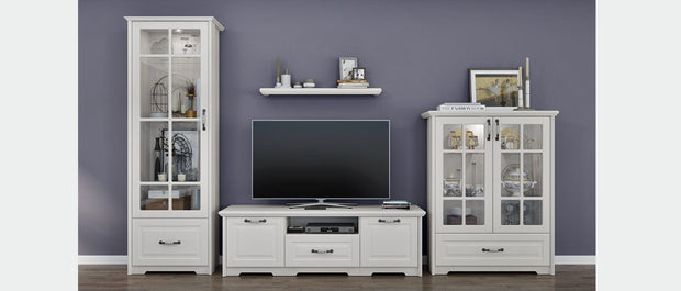 Vitrina din pal si MDF, cu 1 sertar, 1 usa si LED inclus, Evergreen EG-V11S Tall Ivoir Mat / Pin Polar, l69xA49xH201 cm (2)