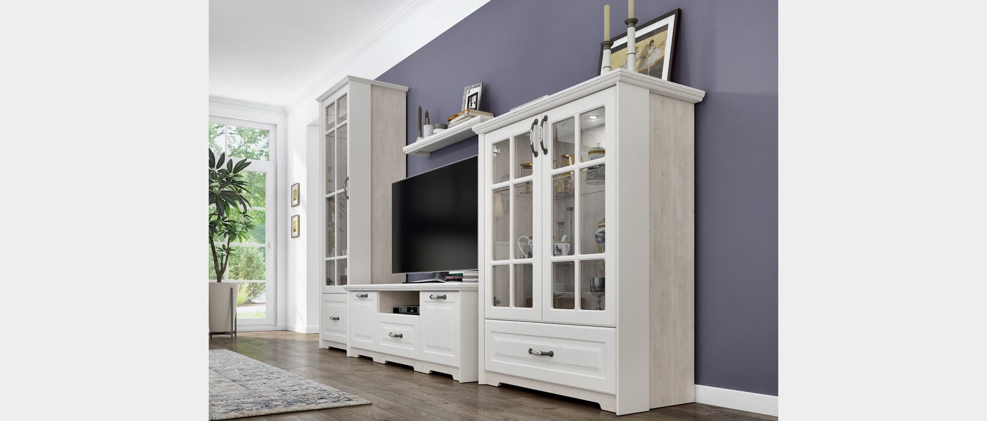 Vitrina din pal si MDF, cu 1 sertar, 1 usa si LED inclus, Evergreen EG-V11S Tall Ivoir Mat / Pin Polar, l69xA49xH201 cm (3)